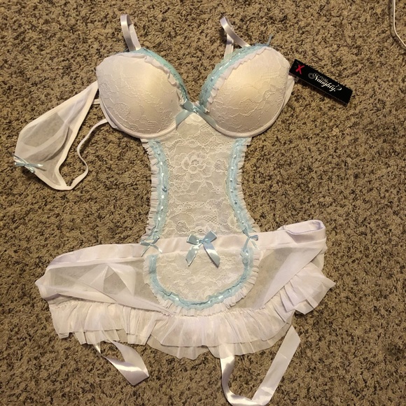 Nice or Naughty Other - Sexy White Lace Apron & Panty Set w/ Blue Details